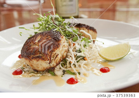 Crab Cakes, Thai Cellophane Noodle Salad, Miso Mirin Sauce and Sriracha Sauce 37539363