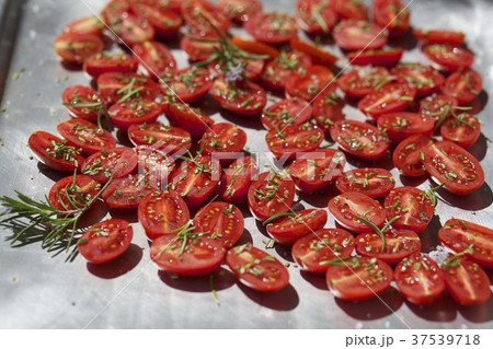 Tomatoes with rosemary on a baking tray to dry 37539718