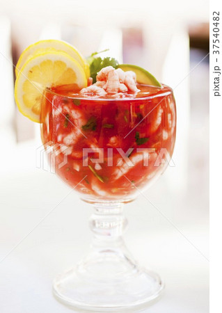 Mexican Style Shrimp Cocktail in a Glass Stem Bowl Mexican Style Shrimp Cocktail in a Glass Stem Bowl 37540482