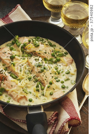 Salmon with a creamy sauce and fresh herbs in a pan Salmon with a creamy sauce and fresh herbs in a pan 37540982