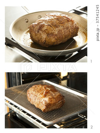 A Roast Browning in a Skillet; Roast Going into the Oven A Roast Browning in a Skillet; Roast Going into the Oven 37541245