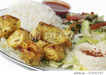 Grilled Chicken off the Kabob with Rice and Hummus 37541757