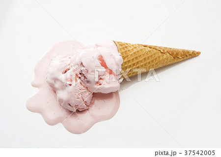 Strawberry Ice Cream Cone Melting on a White Background 37542005