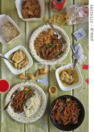 Chinese Take Out Food Spread on a Table; From Above 37542394
