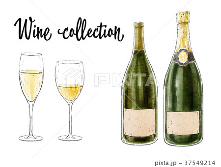 Two bottles of wine with two glasses isolated  37549214