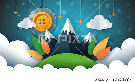 Cartoon paper landscape. Sewing button, sun, star 37551837