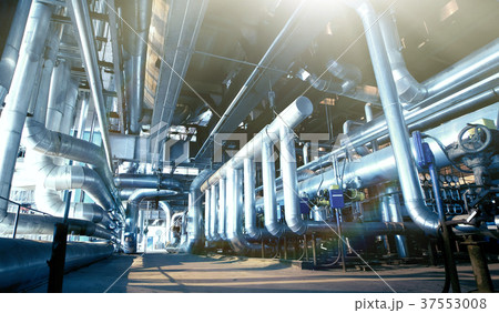 Steel pipelines and cables in blue tones Steel pipelines and cables in blue tones 37553008