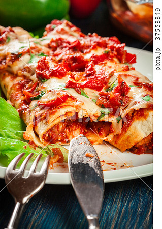 Traditional mexican enchiladas with chicken meat Traditional mexican enchiladas with chicken meat 37553349