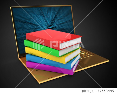3d illustration of golden computer with books 3d illustration of golden computer with books 37553495