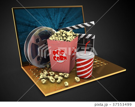 3d illustration of golden computer with cinema 3d illustration of golden computer with cinema 37553499
