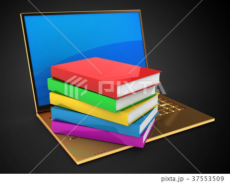 3d illustration of golden computer  with  books 3d illustration of golden computer  with  books 37553509