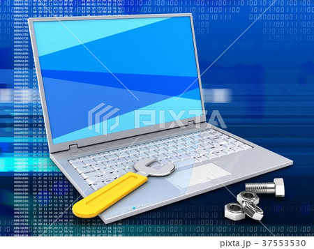 3d illustration of laptop with  wrench and nuts 3d illustration of laptop with  wrench and nuts 37553530