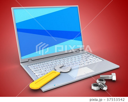 3d illustration of laptop with  wrench and nuts 3d illustration of laptop with  wrench and nuts 37553542