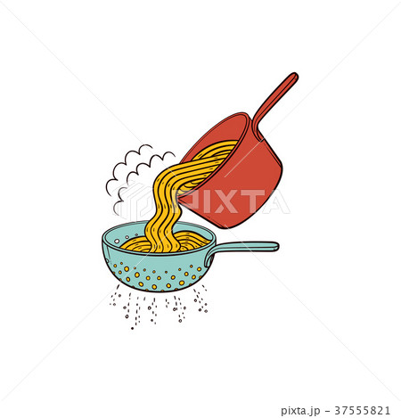 Draining water from spaghetti in pasta strainer 37555821