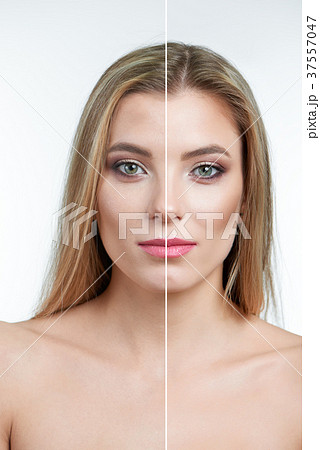 Enface comparison portrait of a green-eyed model 37557047