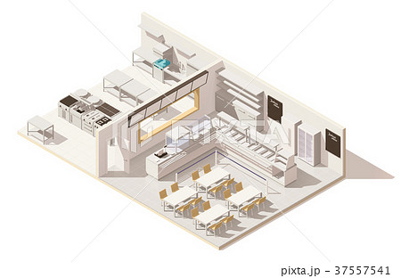 Vector isometric low poly restaurant with kitchen Vector isometric low poly restaurant with kitchen 37557541