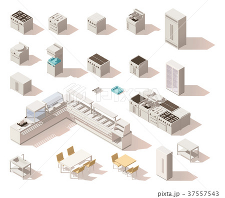 Vector isometric low poly restaurant equipment Vector isometric low poly restaurant equipment 37557543
