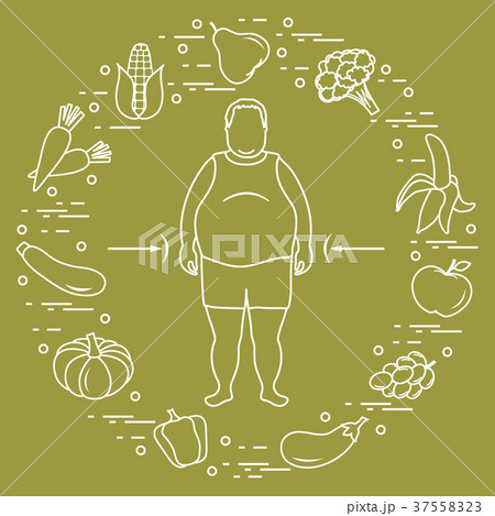 Fat man with healthy food around him Healthy Fat man with healthy food around him Healthy 37558323