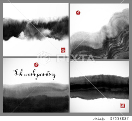 Set of black ink wash painting textures on white 37558887