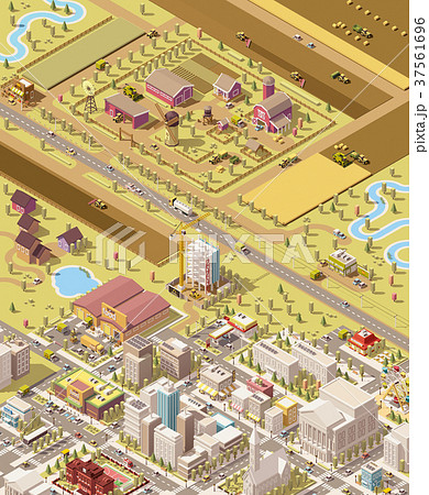 Vector isometric low poly farm and city 37561696