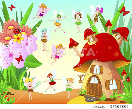 Fairies fly around the mushroom house 37562302