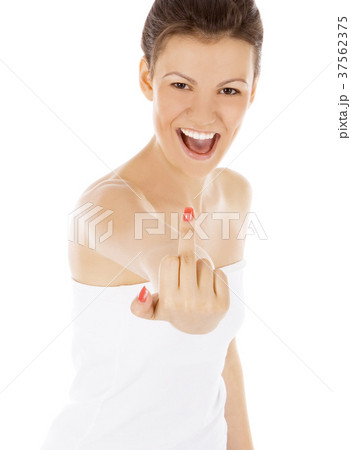 Young woman showing middle finger over white Young woman showing middle finger over white 37562375