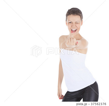 Young woman showing middle finger over white 37562376