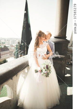 Stylish beautiful wedding couple kissing and Stylish beautiful wedding couple kissing and 37565279