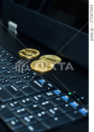Bitcoin, litecoin ethereum on PC, business concept 37567904