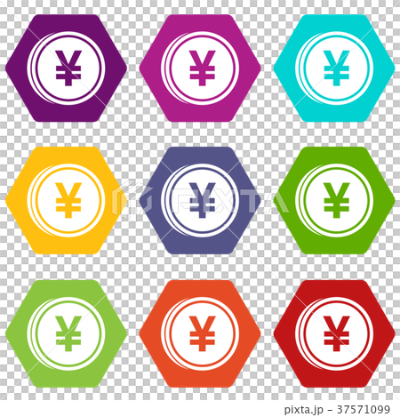 Coin yen icon set color hexahedron 37571099