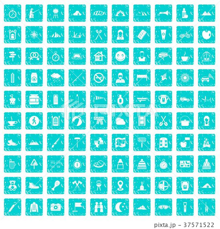 100 family camping icons set grunge blue 37571522