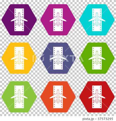 Airplane on the runway icon set color hexahedron Airplane on the runway icon set color hexahedron 37573295