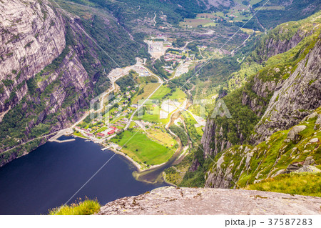 Lysefjord and Lysebotn from the mountain Kjerag Lysefjord and Lysebotn from the mountain Kjerag 37587283