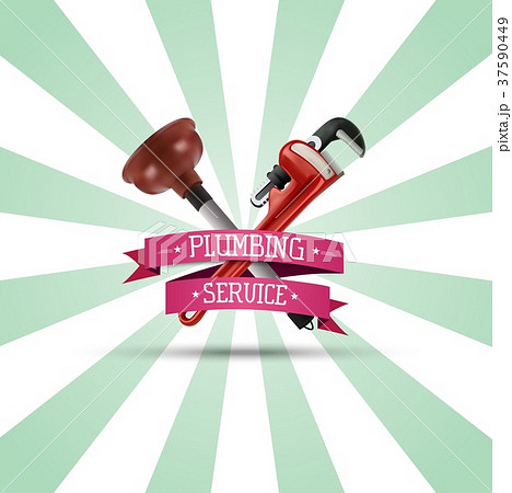 Pipe wrench and plunger on sunburst background Pipe wrench and plunger on sunburst background 37590449