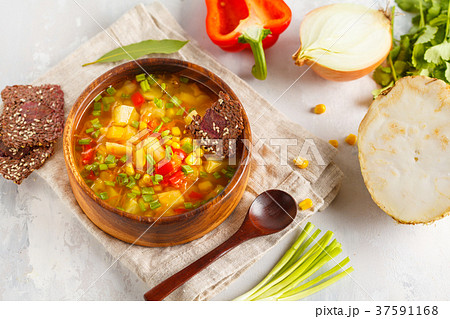 Healthy bright vegetable corn soup 37591168