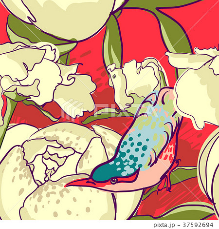 Seamless floral background with peonies bird 37592694