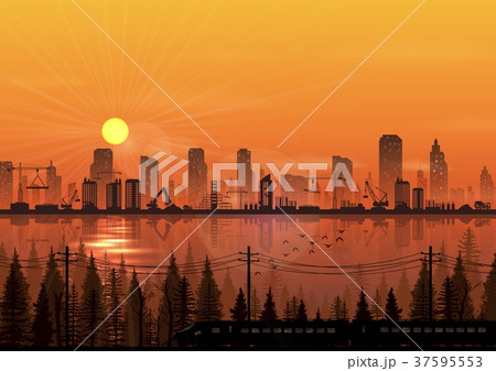 Construction site with train near water at sunset Construction site with train near water at sunset 37595553