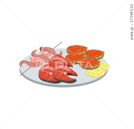 Seafood on plate cartoon vector Illustration 37596310