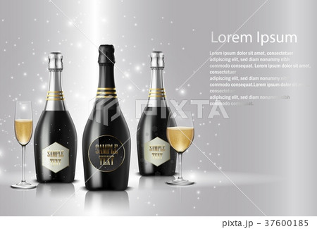 Black wine bottle with black wine glass on sparkli 37600185