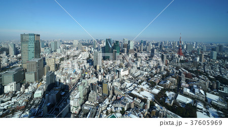 日本の東京都市景観・4年ぶりの大雪から一夜明け「港区など」（奥に東京スカイツリー）＝1月23日撮影 37605969