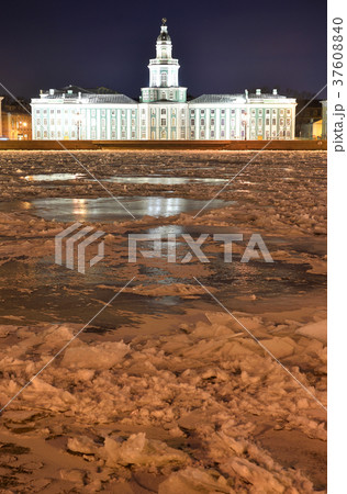 Embankment and frozen Neva River at night. Embankment and frozen Neva River at night. 37608840