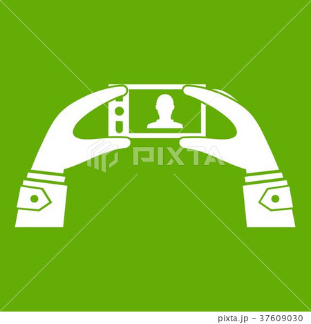 Hands holding a cell phone with photo icon green Hands holding a cell phone with photo icon green 37609030
