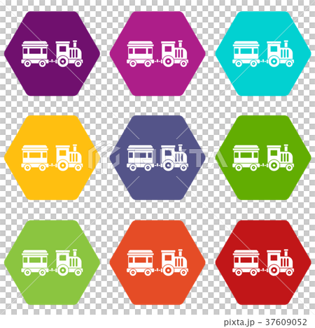 Toy train icon set color hexahedron 37609052