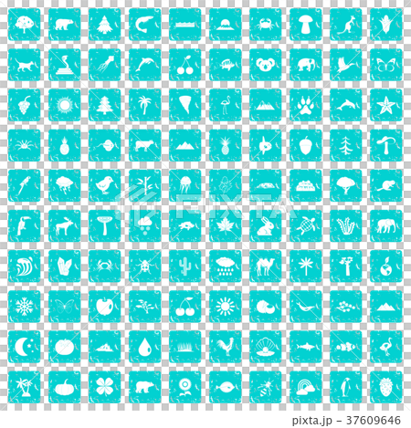 100 nature icons set grunge blue 37609646