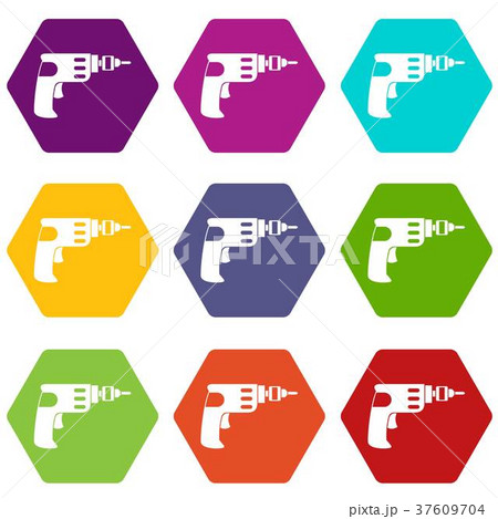 Hand drill icon set color hexahedron Hand drill icon set color hexahedron 37609704