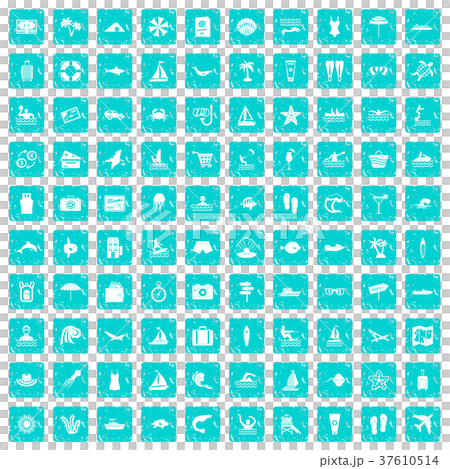 100 beach icons set grunge blue 100 beach icons set grunge blue 37610514