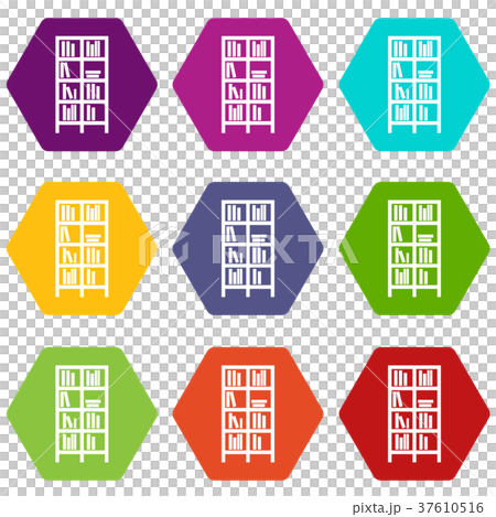 Bookcase icon set color hexahedron Bookcase icon set color hexahedron 37610516