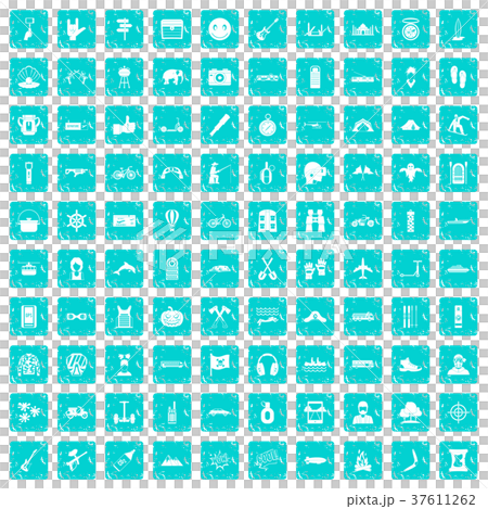 100 adventure icons set grunge blue 37611262