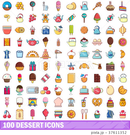 100 dessert icons set, cartoon style 100 dessert icons set, cartoon style 37611352