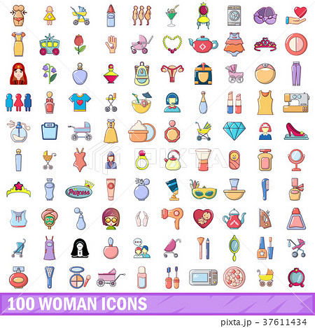 100 woman icons set, cartoon style 37611434